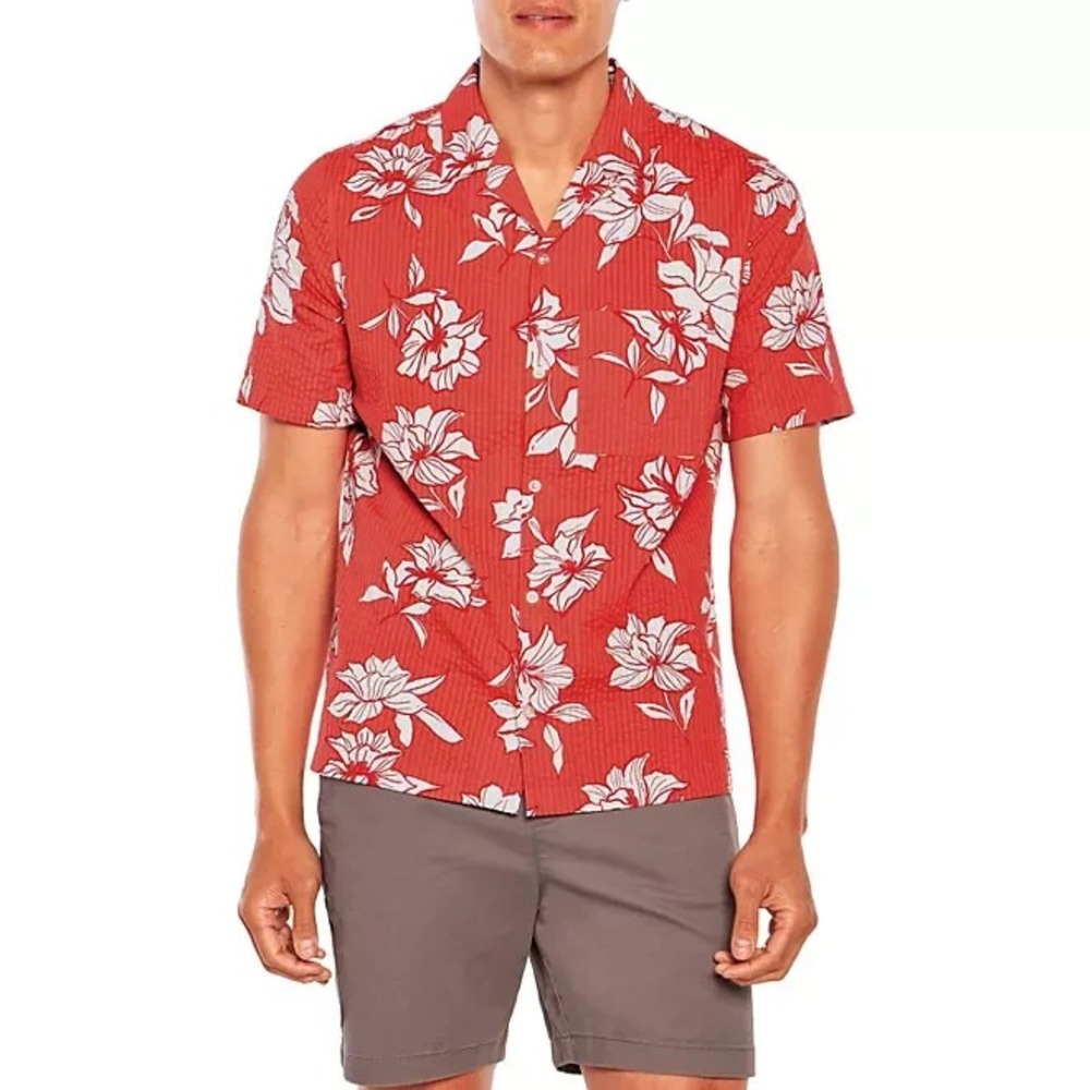 Gap Men Short Sleeve Seersucker Vacay Shirt XXL Cayenne Flower Fill Red Floral